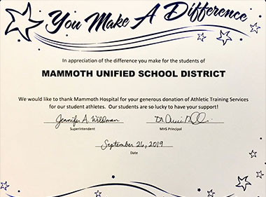 Mammoth Hospital was recognized at the recent Mammoth Unified School District Board Meeting
